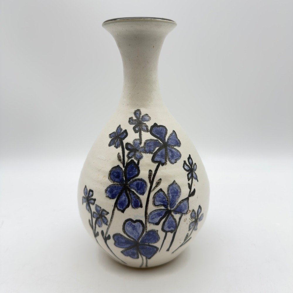 J Wright Kentucky Studio Pottery Vase 1986‎ Blue Floral Stoneware Signed